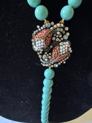 Heidi Daus Signed Koi Fish Necklace Turquoise Beads with Clip earrings and size 11 Ring