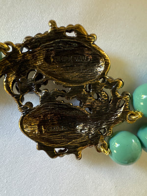 Heidi Daus Signed Koi Fish Necklace Turquoise Beads with Clip earrings and size 11 Ring