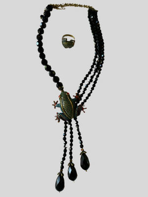 Heidi Daus Signed Fabulous & Flashy Frog Crystal Black Bead Multi-Strand Necklace & Ring (size 10.5)