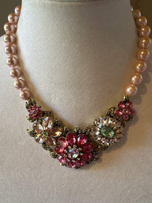 Heidi Daus Signed Glorious Garden Pink Necklace, Cuff, Earrings (clip) and Ring (size 11.5)